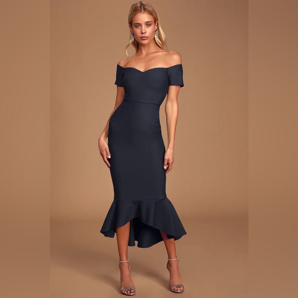 Lulus How Much I Care Midnight Blue Off The Shoulder Midi Dress